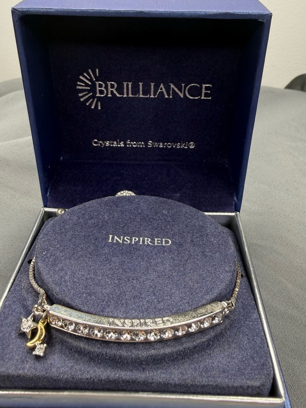 Fashion Jewelry silver & gold crystal bar bracelet with moon and star charms
